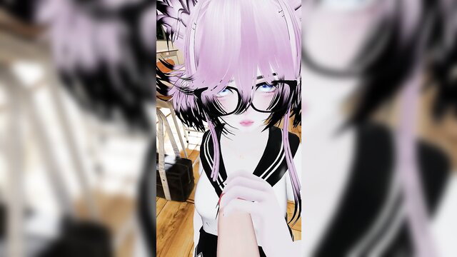 Pink-haired anime glasses girl in sailor uniform kneels begging for cum