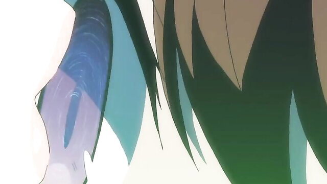 Busty anime maid with green hair rides hero's dick in hentai scene