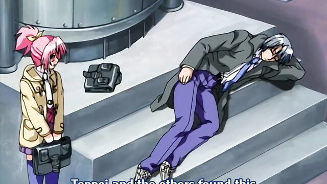 Pink-haired anime girl finds sleeping suited man on stairs in Tomorrow's Yukinojou Ep.3