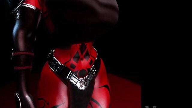 Darth Talon Twi'lek walks in skimpy red latex outfit, huge tits & ass