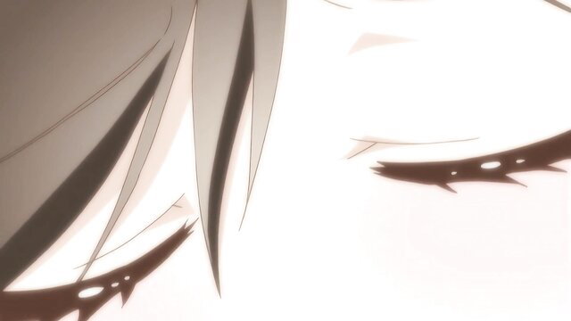 Closeup of seductive anime girl's sharp eyes and long silver hair in hentai style