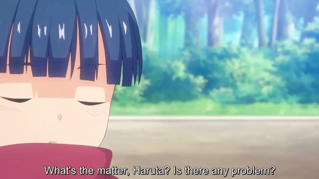 Cute blue-haired hentai girl Haruta worried expression outdoors