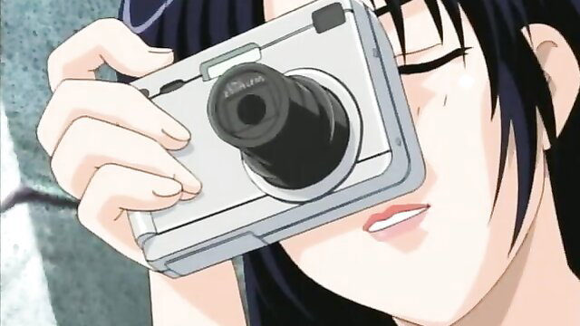 Anime girl with long black hair holds camera to face, sleepy eyes, JAV style