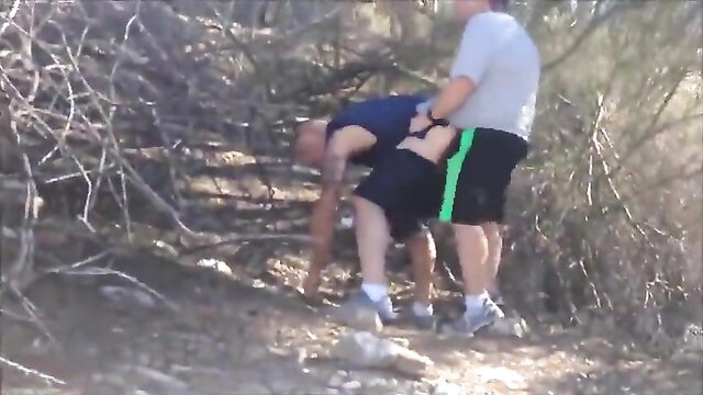 Two chubby men outdoor gay cruising doggy fuck in bushes