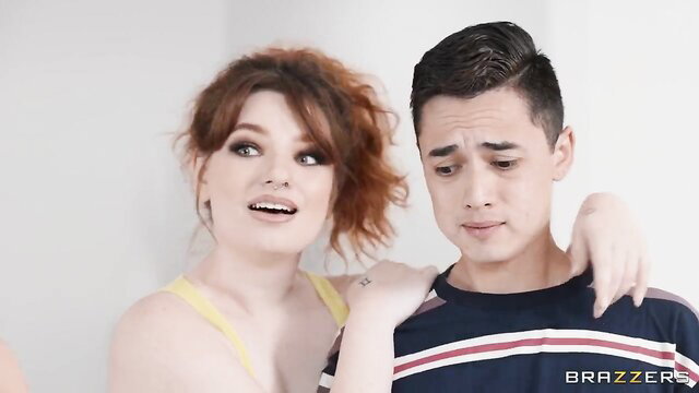 Annabel Redd embraces young guy in steamy Brazzers threesome