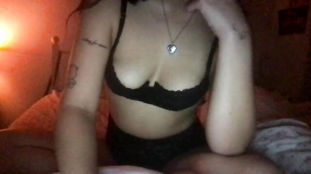 Babygrrlbambi in sexy black lace bra, pale tiny tits exposed, redhead camgirl tease