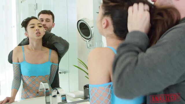 Mila Jade bent over bathroom sink, ass grabbed in sexy lingerie