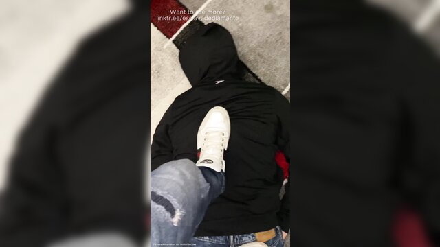 Submissive guy trampled by dominant's smelly sweaty socked feet