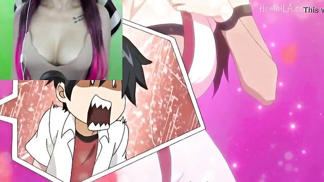 Pink-haired anime girl with huge tits and shocked boy in hentai JAV stream