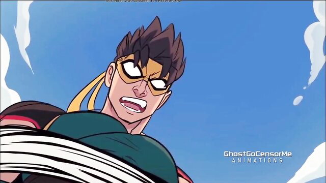 Muscular anime Iron Fist hero flexing huge green bulge in GhostGoCensor animation