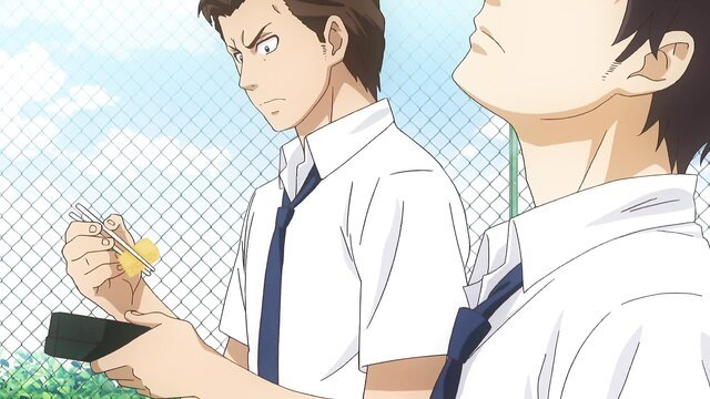 Two angry Japanese anime schoolboys in uniforms, chopsticks and wallet out