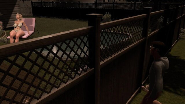 Blonde neighbor's wife in skimpy pink bikini lounging outdoors at night