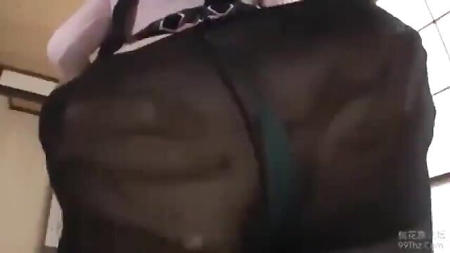 Yuu Shinoda in sheer black lingerie, teasing huge tits closeup