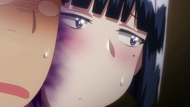 Anime hentai girl with black bangs in closeup ecstasy face