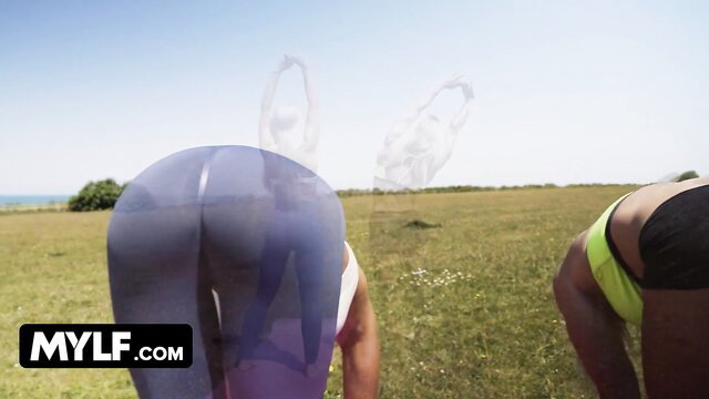 Two hot British MYLFs in tight leggings outdoors on Shag Street