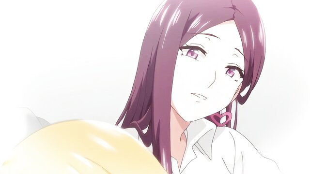 Purple-haired anime JAV girl in white shirt and yellow shawl, teasing closeup