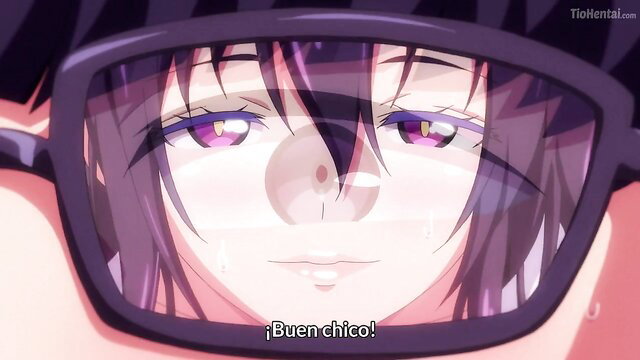 Purple-haired anime girl in goggles close-up, seductive eyes and tears, JAV hentai succubus tease
