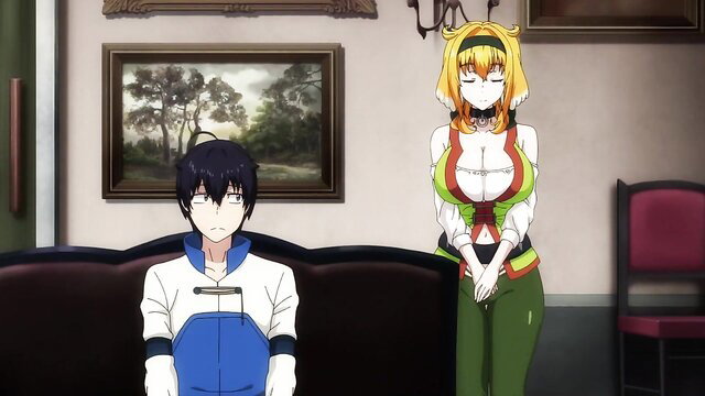 Blonde anime babe in skimpy green outfit stands over harem boy buyer