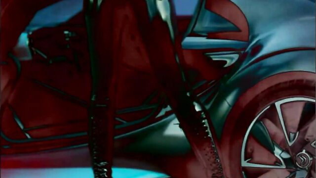 Kay Morgan in shiny latex fetish pose by luxury car, Samantha Sez