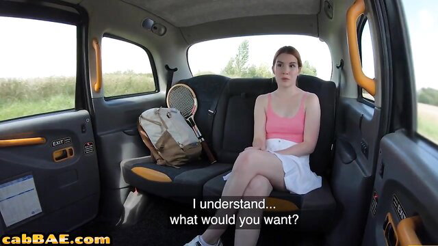 Redhead tennis babe in short skirt sits in taxi asking driver what he wants