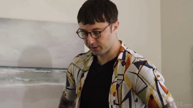 Hung older guy in glasses and colorful shirt with young sluts threesome