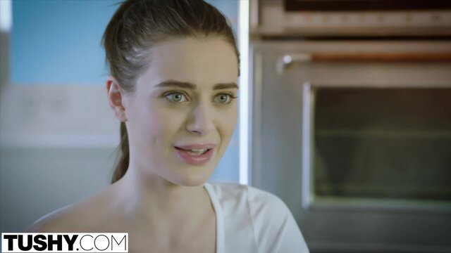 Lana Rhoades in kitchen, sexy white top, ponytail, aroused look