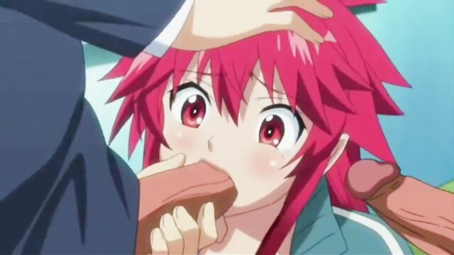 Redhead anime vampire girl with red eyes fellates multiple cocks in JAV hentai