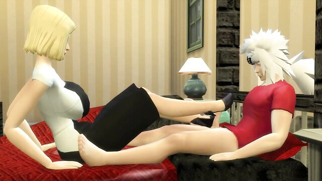 Blonde babe foot tease with white-haired anime hunk Naruto