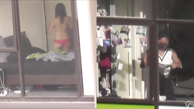 Asian babe caught naked in thong bending over on bed