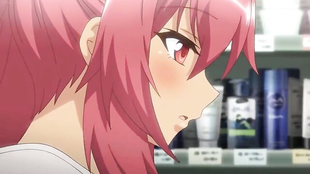 Pink-haired anime girl with red eyes blushing in convenience store, Konbini Shoujo Z Ep.3