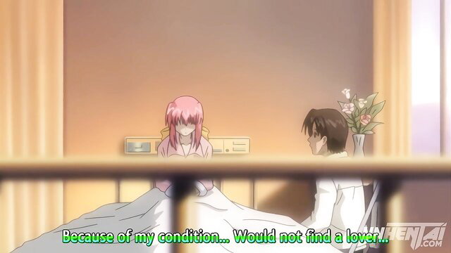 Anime pink-haired hospital girl in gown chats sadly with male doctor