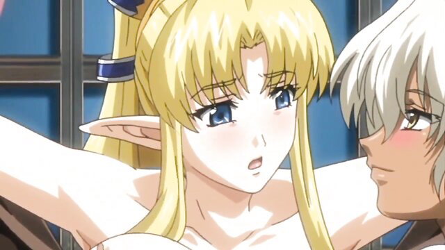 Blonde elf princess arms raised nude with silver-haired man in Elf no Futago-hime hentai