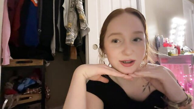 Gingerbabe18 petite redhead teen flashing tits in black dress