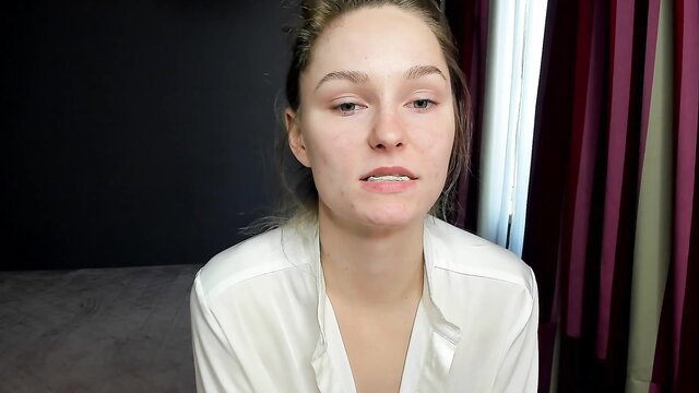 EvaMooni sexy blonde in white silk blouse, natural beauty closeup