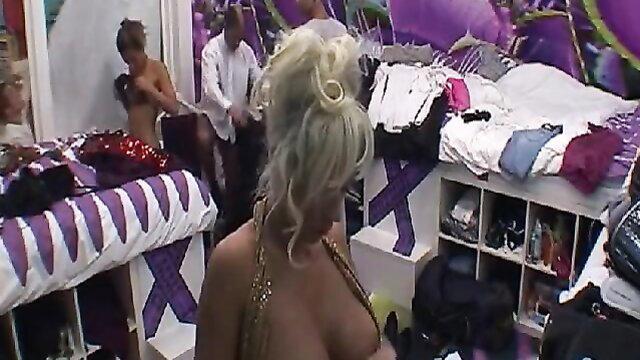 Blonde busty housemates nude flashing tits in reality show room