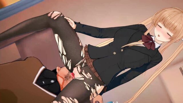 Blonde anime schoolgirl Mahiru-chan in torn stockings facesitting classmate cock