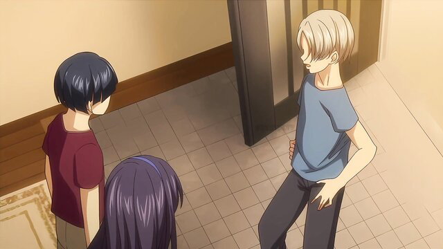 Anime hentai boys and purple-haired girl talking at door in No Waifu No Life Ep.1
