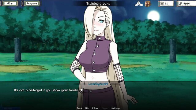 Blonde Hinata Hyuga topless flashing huge tits at Naruto training ground night