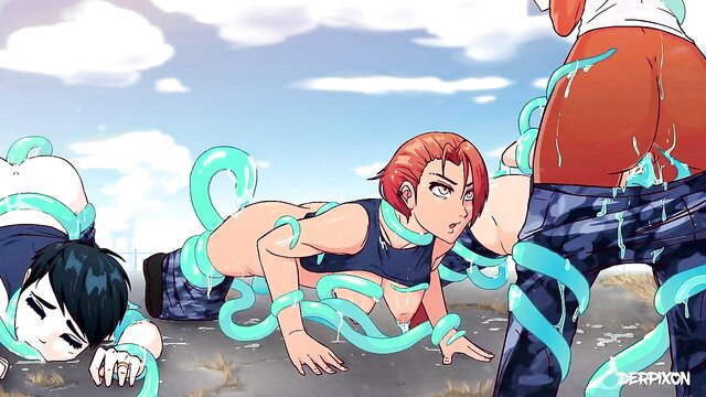 Three anime girls bound and covered in tentacles outdoors