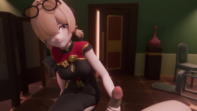 Blonde Asian anime girl in qipao dress stroking cock closeup