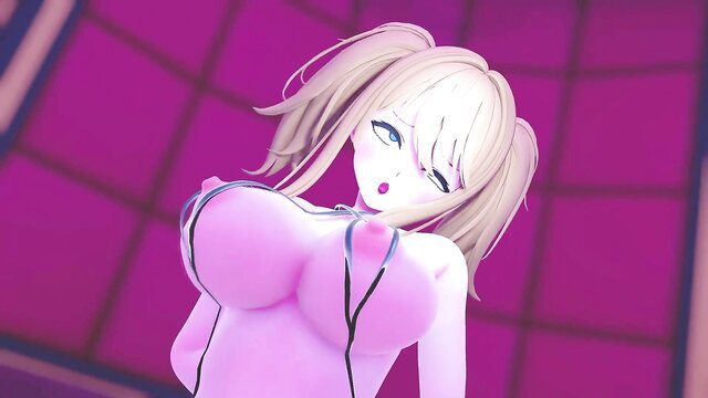 Blonde anime girl with huge tits in tight pink lingerie, seductive pose