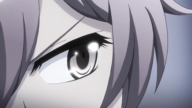 Closeup intense silver-haired anime girl eyes in JAV hentai Ep.2