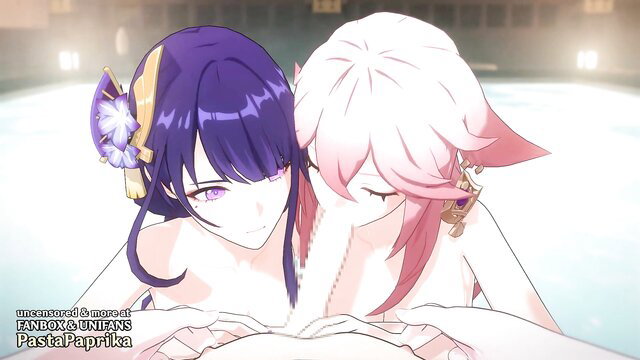 Raiden Shogun and Yae Miko nude yuri embrace in Genshin Impact bathhouse hentai