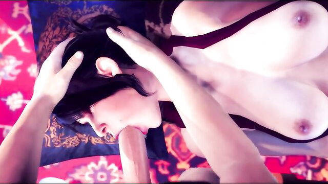 Morrigan deepthroats hard cock POV on luxurious pillows