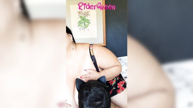 Chubby Asian teacher with cat ears in lingerie, big tits cleavage tease