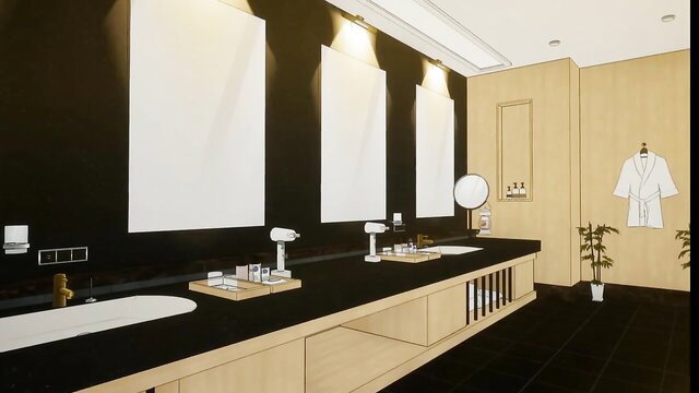 Luxury bathroom with black sinks, mirrors, white robe hanging
