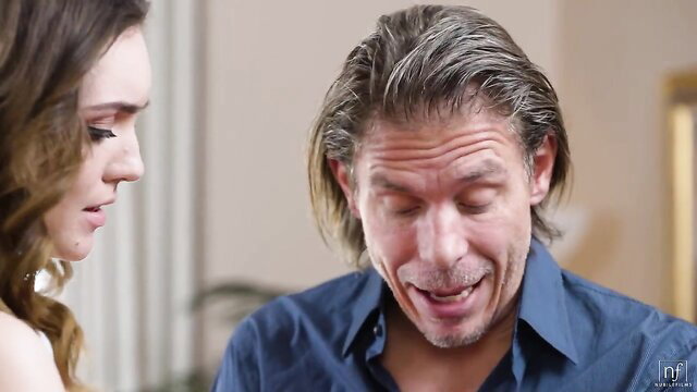 Hot brunette close to handsome older man in teasing NubileFilms scene