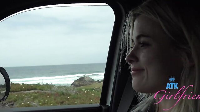 Blonde teen ATK Girlfriend gazing out car window at beach, risky public spot