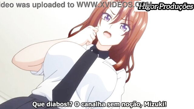 Busty redhead anime babe in shirt and tie, shocked expression