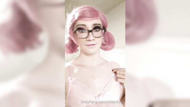 Riley Cross cute pink wig glasses lingerie selfie